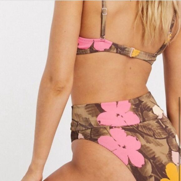 Aerie High Cut Cheeky Bikini Bottom Scoop Rib Top Set Brown Pink - Picture 14 of 14